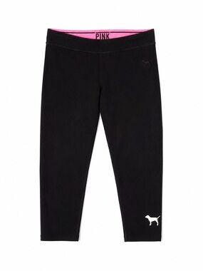 Victoria’s Secret PINK Yoga Black Capri Leggings XS Pink Waistband Dog Logo